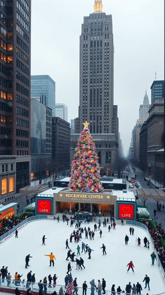 Rockefeller Center Christmas tree in NYC with ice skaters and festive decorations.